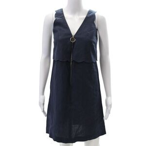 Socapri Womens Linen Scalloped Edging V-Neck Sleeveless Dress Navy Size 40